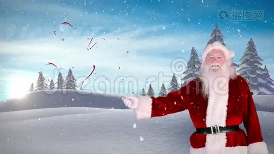 圣诞圣诞老人向白雪枞树林传递圣诞信息视频