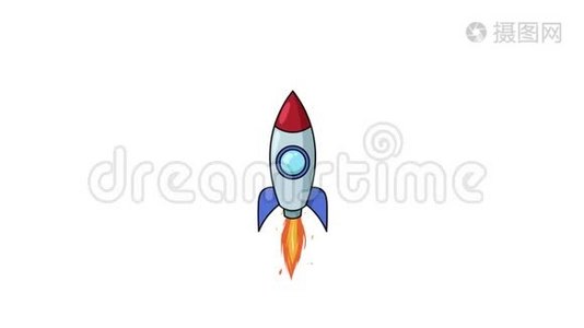 卡通火箭飞船在白色背景上飞行。 独立平面动画视频