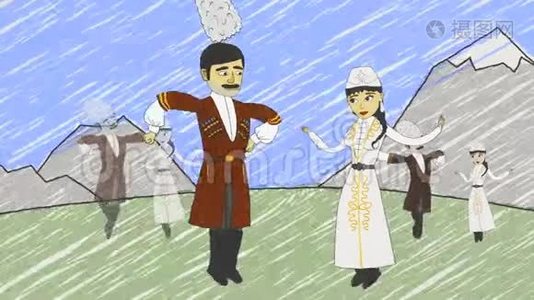 动画的卡通白种人婚礼和对在山上跳舞的背景，然后变成了视频