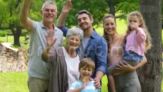 多代家庭在公园里微笑着对着镜头挥手视频