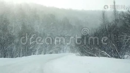 汽车行驶在雪的美丽道路上，在降雪的缓慢运动。 1920x1080视频