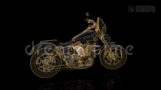 旋转摩托车。 网格线框。 模型摩托车的闪亮组。 循环运动动画视频