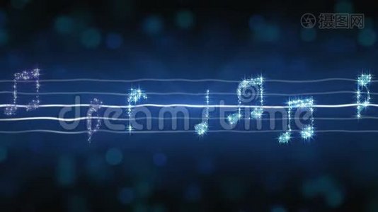 闪亮的银色音乐音符在床单上移动，新年庆祝，卡拉OK歌曲视频