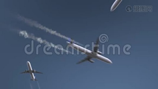 飞行飞机显示亚特兰大字幕。 去美国旅行概念介绍动画视频