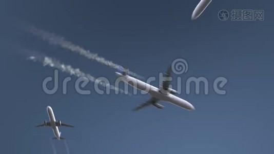 飞行飞机显示旧金山字幕。 去美国旅行概念介绍动画视频