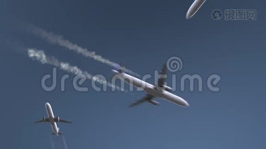 飞行飞机显示迈阿密字幕。 去美国旅行概念介绍动画视频