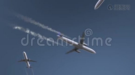 飞行飞机显示圣地亚哥字幕。 去美国旅行概念介绍动画视频