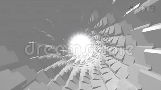 无止境旋转的灰色圆形隧道与一环白光在中心，无缝回路。 动画。 单色视频