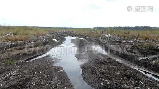 春天的路上有水坑，靠近草地视频