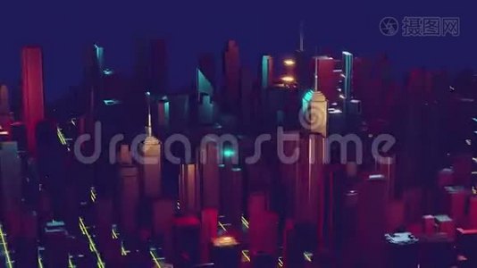 三维城市渲染与线条和数字元素。 数字摩天大楼。 技术视频概念视频
