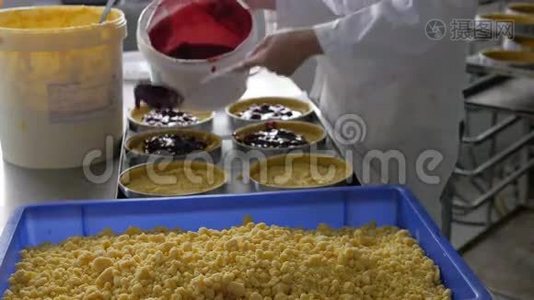 工业面包店的面包师填充和平滑饼箱视频