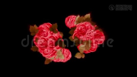 红玫瑰与树叶动画背景与光之爆炸视频