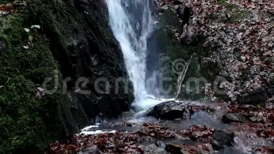 雨后水满的小瀑布.. 对湿玄武岩巨石的反射，充满溪流和气泡的乳白色的水。视频