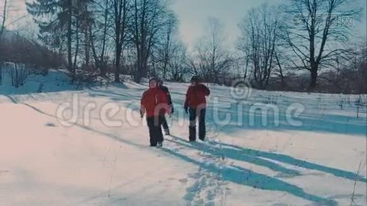 可爱的年轻时髦夫妇在冬天公园里玩得很开心，在明亮的日子里拥抱在一起，微笑着视频