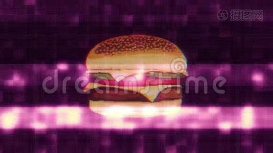 像素汉堡故障液晶屏幕背景动画无缝循环新质量通用复古停止运动动态视频