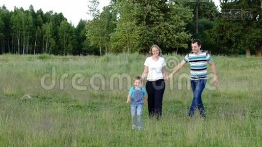 母亲、父亲和儿子走在草地上视频