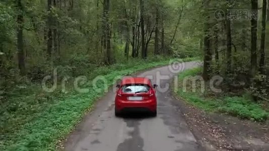 林中乡村道路上红色汽车行驶的鸟瞰图..视频
