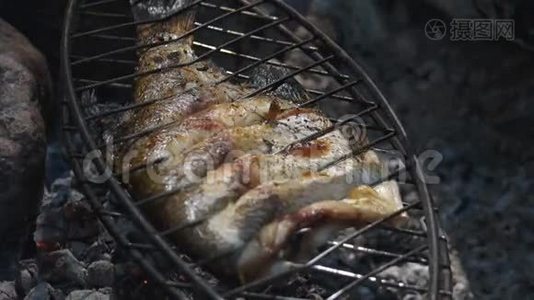 烧烤炉上的新鲜鱼视频