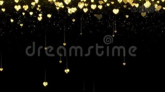 金色闪亮的心在黑色背景上闪耀着文字。 情人节节日抽象循环动画。视频