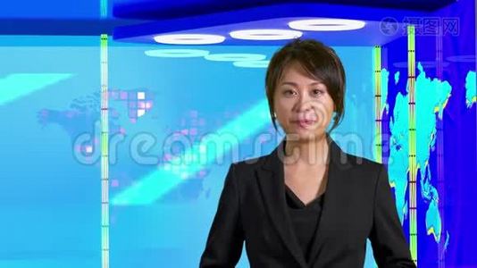 亚洲女新闻主播在虚拟电视工作室，原创设计元素视频
