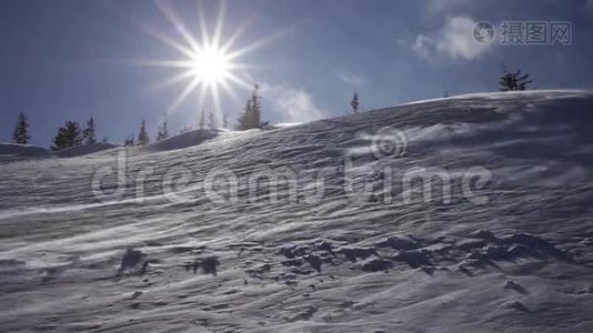 冬季景观。 寒冷的一天，雪在阳光下闪闪发光。视频