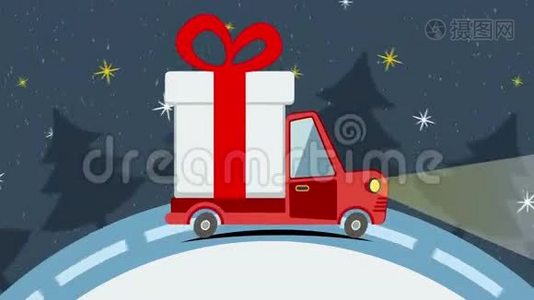 圣诞动画贺卡和礼品递送车视频