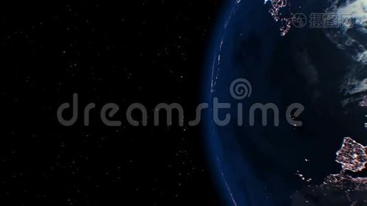 宇宙飞船飞过地球，闪耀引擎之光，三维动画。 地球纹理是在图形编辑器中创建的视频