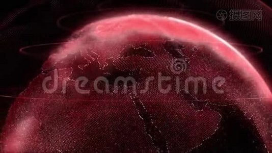 数字红新尼地球。 有光泽的行星与发光粒子的旋转。 数字爆炸空间3D动画视频