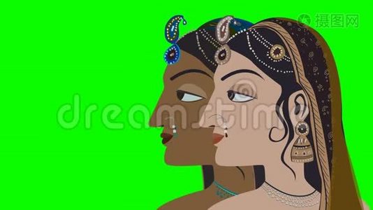 两个印度传统印度教女在绿色屏幕上视频