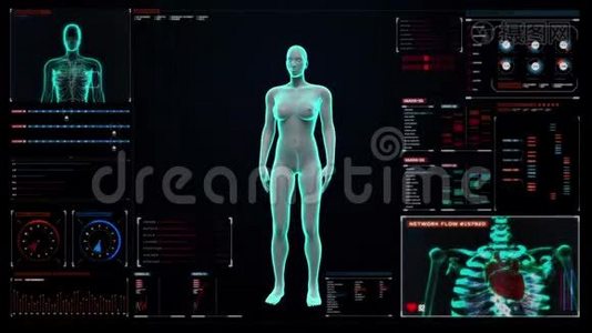 数字显示仪表板扫描女性身体的肾脏。 X光透视视频
