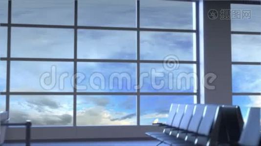 商业飞机降落在喀山国际机场。 前往俄罗斯概念介绍动画视频