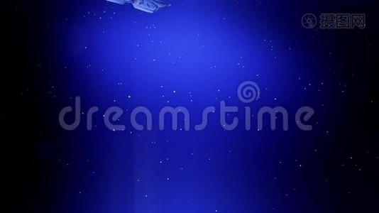 装饰的3d雪花在空气中缓慢地漂浮，并在蓝色背景上发光。 作为圣诞动画使用，新视频