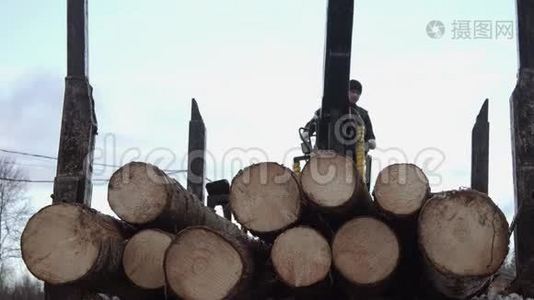 起重机臂从锯木厂的卡车上卸下木材原木视频