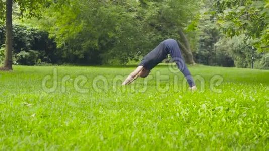 一个男人在公园里做瑜伽练习视频