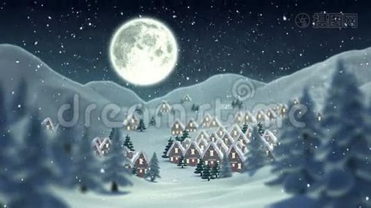 圣诞老人飞过可爱的雪村视频