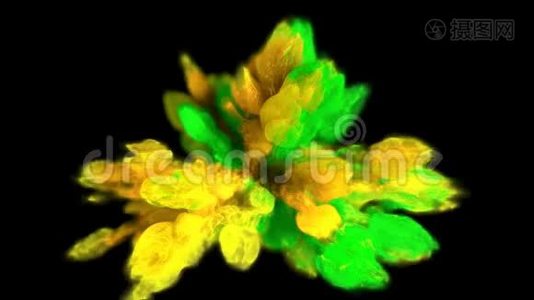 彩色爆炸-五颜六色的绿色黄色烟雾爆炸液颗粒阿尔法哑光视频