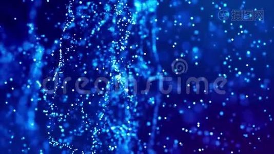 神奇的蓝色发光粒子流动在粘稠的液体和明亮的光泽。 科幻小说。 4k三维科幻背景视频