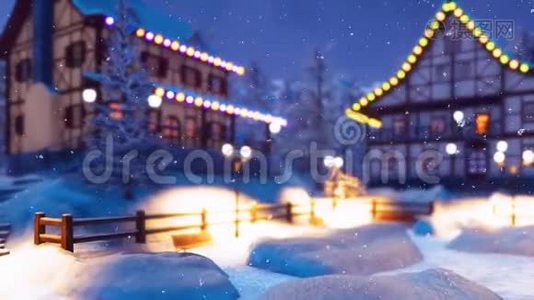 冬夜温暖的小镇上的圣诞树视频