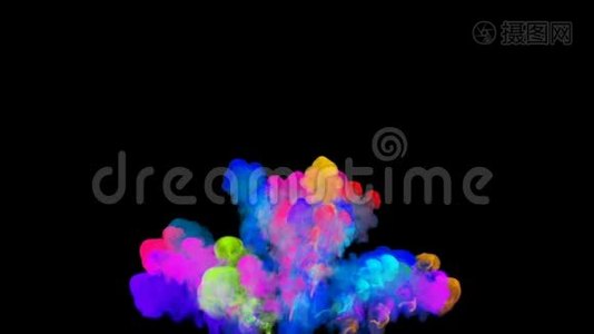 在黑色背景上分离的粉末爆炸。 粒子三维动画作为彩色背景或叠加效果视频