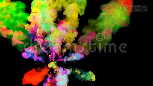 在黑色背景上分离的粉末爆炸。 粒子三维动画作为彩色背景或叠加效果视频