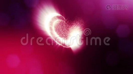 辉光粒子的循环三维动画形成三维红心，具有景深和波克。 用于情人节或婚礼视频