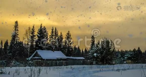 电影，4k，冬季森林降雪，循环视频