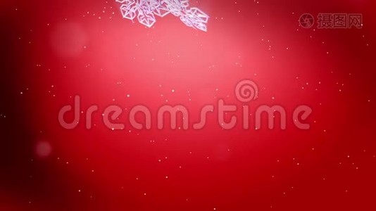 装饰3d雪花落在红色背景上.. 用作圣诞节、新年贺卡或冬季环境的动画视频