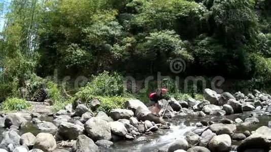年轻漂亮的女士穿过清澈的岩石泉水，充满了自然植被视频