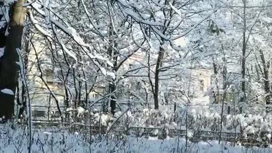 冬天的旧院子里覆盖着雪视频