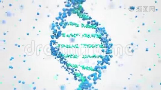 旋转DNA螺旋和粒子，循环三维动画视频