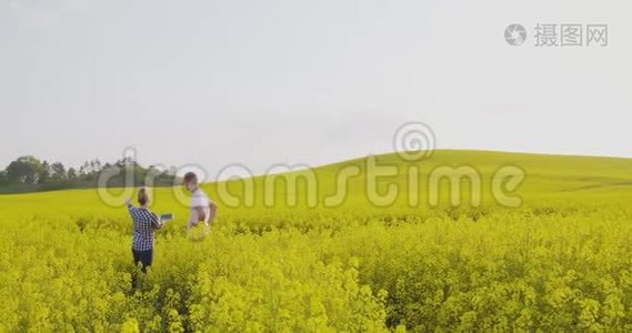 农民讨论油菜田平板电脑视频