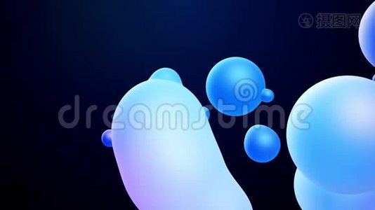 三维抽象背景，熔融蜡滴与内部蓝色辉光合并，并在液体中飞散。 无缝回路视频