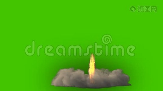 火箭发射的排气装置。 详细的写实动画与动态消防排气，烟雾前面的绿色视频
