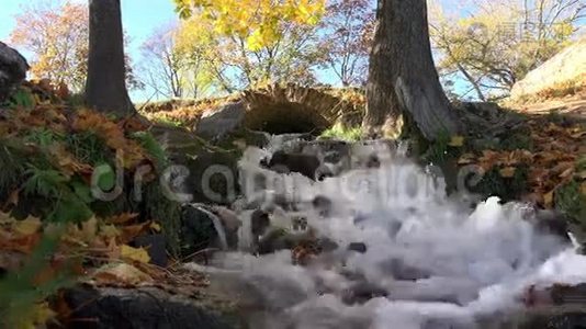 在春暖花开的季节里，水流坡上的石块和草地上的砖拱和黄树视频